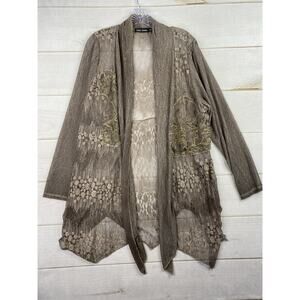 Casual Express Cardigan Womens XXL Brown Sheer Mesh Embroidered Boho Artsy Vtg